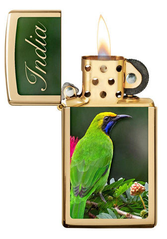 Slim Green Bird Design Windproof Pocket Lighter with its lid open and lit.