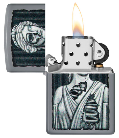 Lady Skull Design Flat Grey Windproof Lighter with its lid open and lit.