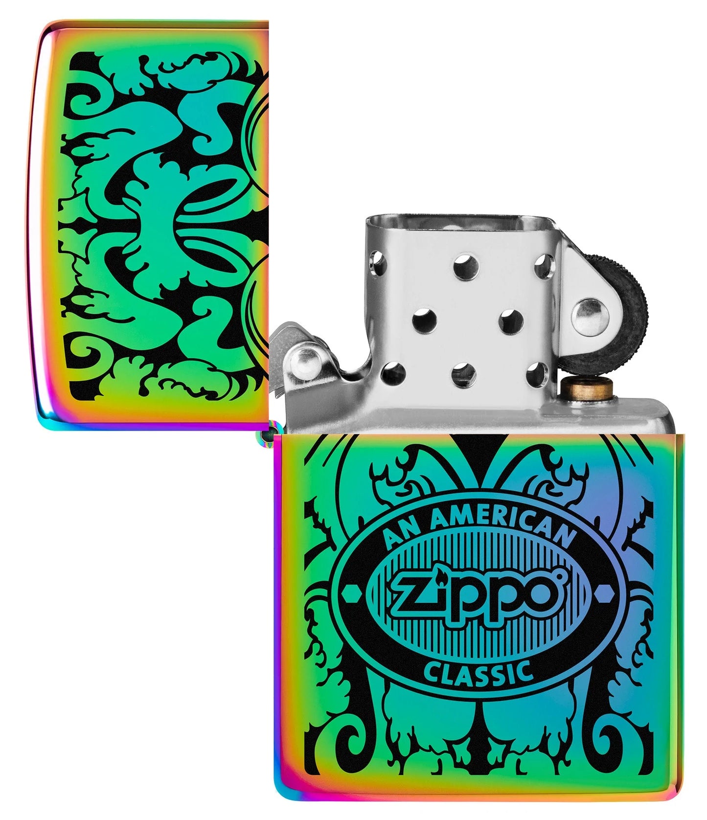 Zippo American Classic Windproof Lighter with its lid open and unlit.