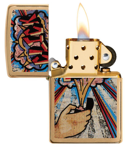 Zippo Click Brushed Brass Windproof Lighter with its lid open and lit