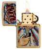 Zippo Click Brushed Brass Windproof Lighter with its lid open and lit