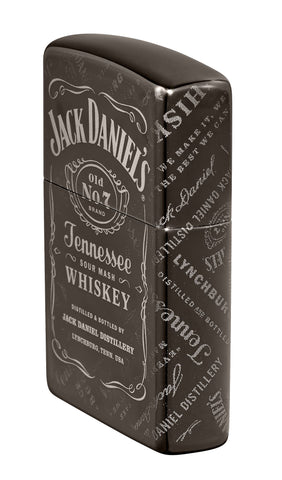 Jack Daniel's® Photo Image 360® Black Ice® Windproof Lighter standing at an angle, showing the front and right side of the design.