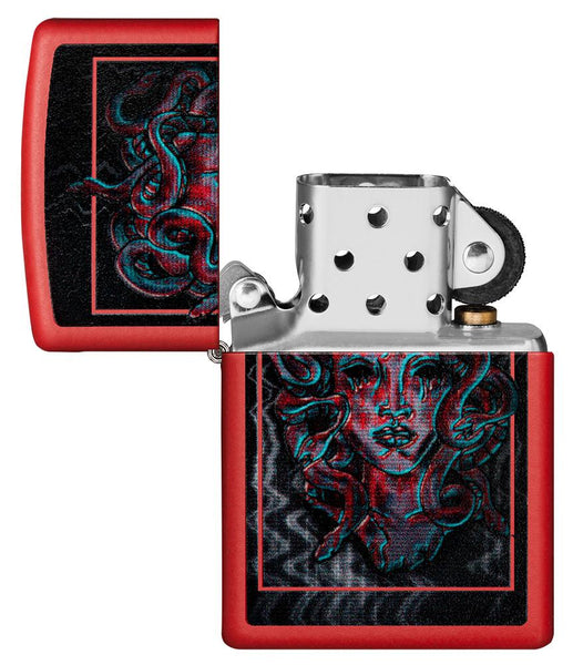 Medusa Design Red Matte Windproof Lighter with its lid open and unlit