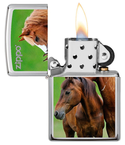 Two Horses Design Windproof Pocket Lighter with its lid open and lit.