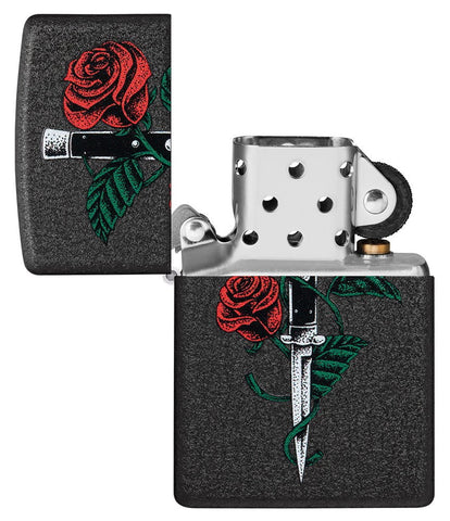 Rose Dagger Tattoo Design Black Crackle® Windproof Lighter with its lid open and unlit.