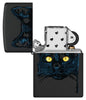 Zippo Black Cat Design Windproof Lighter with its lid open and unlit.