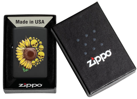 Sunflower Design Texture Print Black Matte Windproof Lighter in it's packaging.