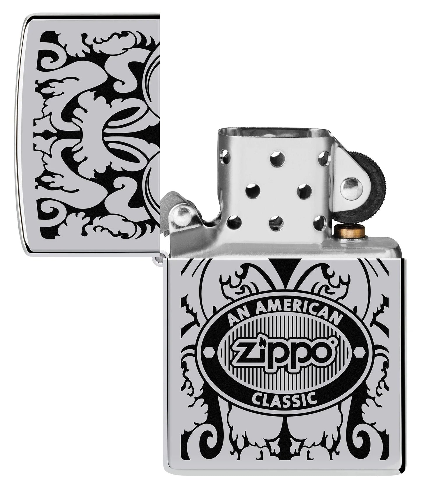 Zippo American Classic Windproof Lighter with its lid open and unlit.