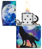 Wolf Howling Design 540 Color Windproof Lighter with its lid open and lit.