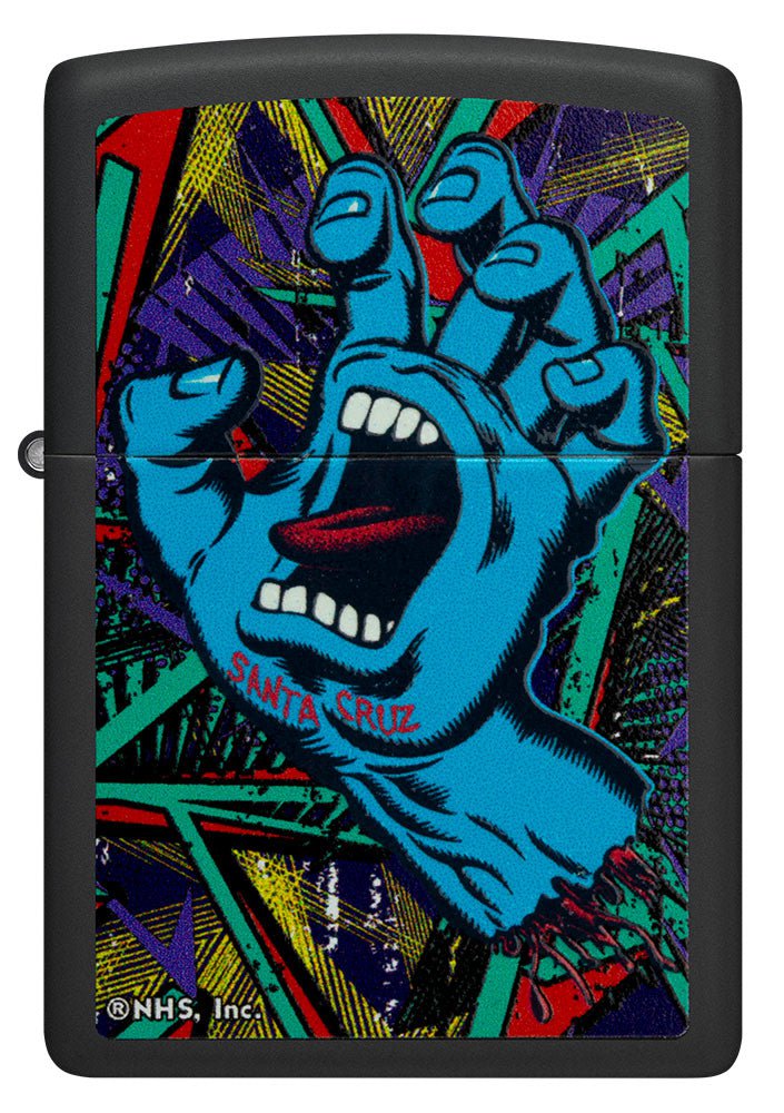 Front shot of Santa Cruz Screaming Hand Black Light Black Matte Windproof Lighter.