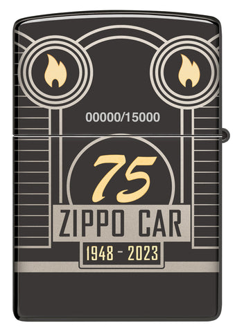 Front view of Zippo Car 75th Anniversary Collectible Armor High Polish Black Windproof Lighter.