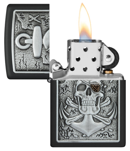 Skull Anchor Emblem Design Black Matte Windproof Lighter with its lid open and lit.