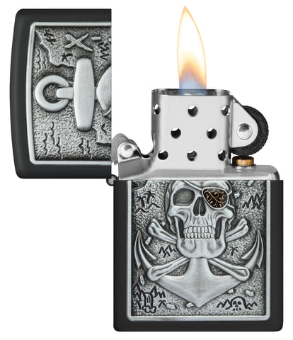 Skull Anchor Emblem Design Black Matte Windproof Lighter with its lid open and lit.