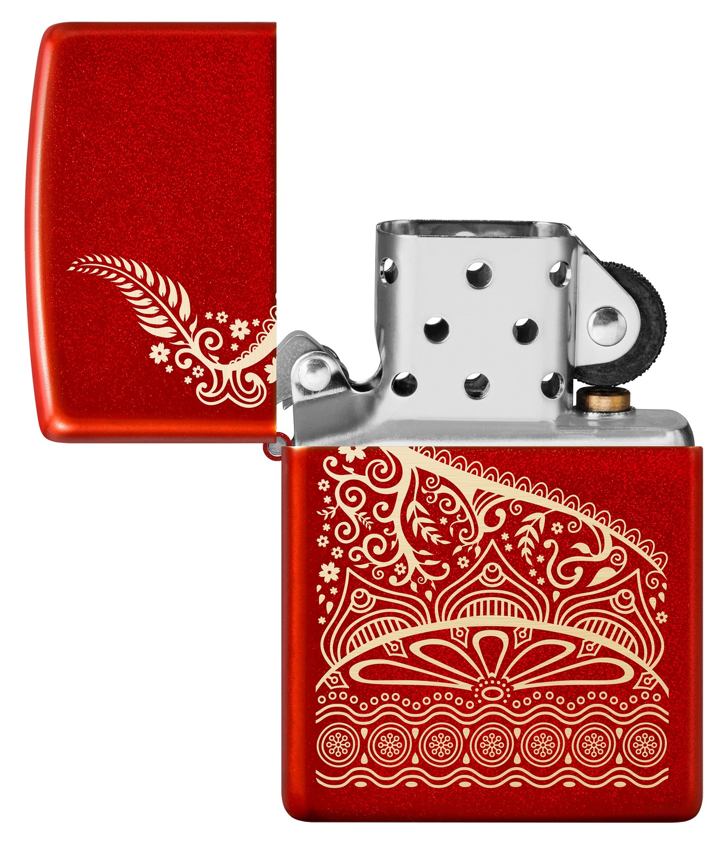 Indian Wedding Dress Pattern Design Windproof Pocket Lighter with its lid open and unlit