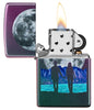 Moon Couple Design Iridescent Windproof Lighter with its lid open and lit