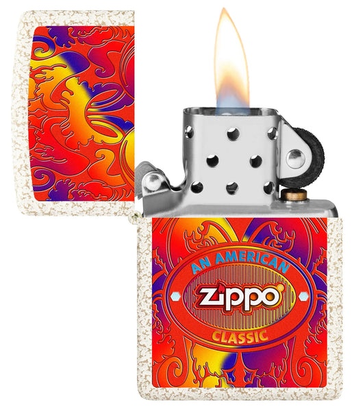 Zippo American Classic Windproof Lighter with its lid open and lit.