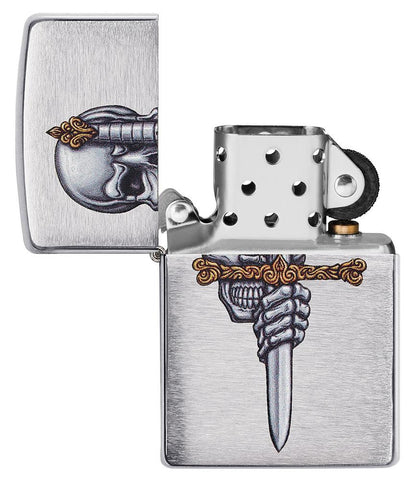 Sword Skull Design Brushed Chrome Windproof Lighter with its lid open and unlit