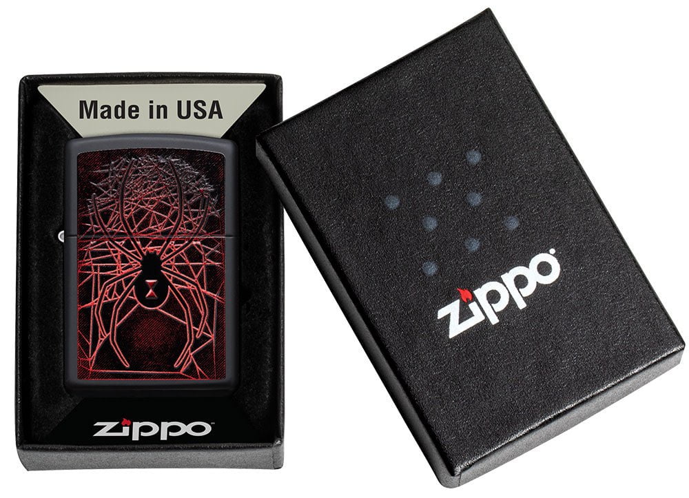 Spider Design Texture Print Black Matte Windproof Lighter in its packaging.