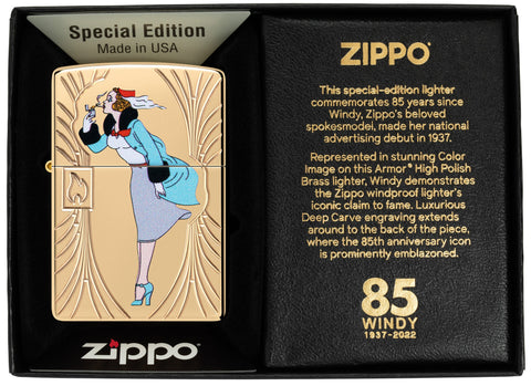 Zippo Windy 85th Anniversary Collectible Armor High Polish Brass Windproof Lighter in its packaging.