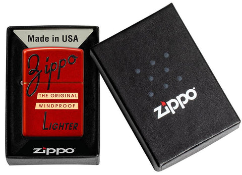 Zippo Red Box Top Design Metallic Red Windproof Lighter in its packaging