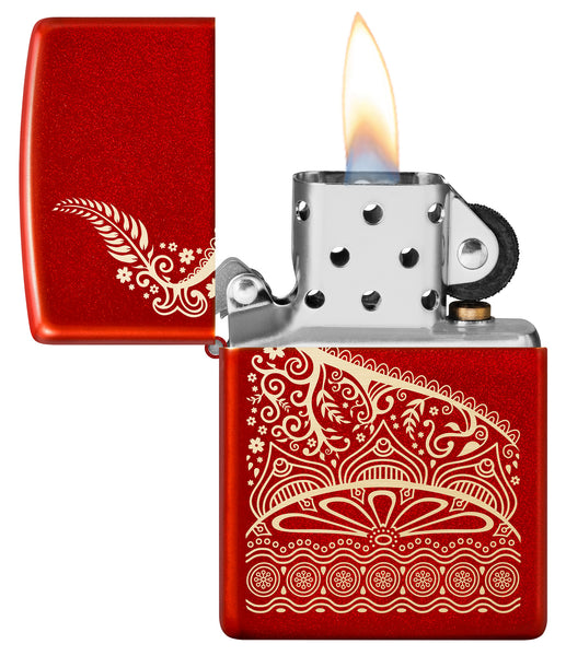 Indian Wedding Dress Pattern Design Windproof Pocket Lighter with its lid open and lit