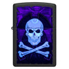 Front shot of Pirate Blacklight Design Windproof Lighter glowing showing the hidden black light skull and cross bones design.
