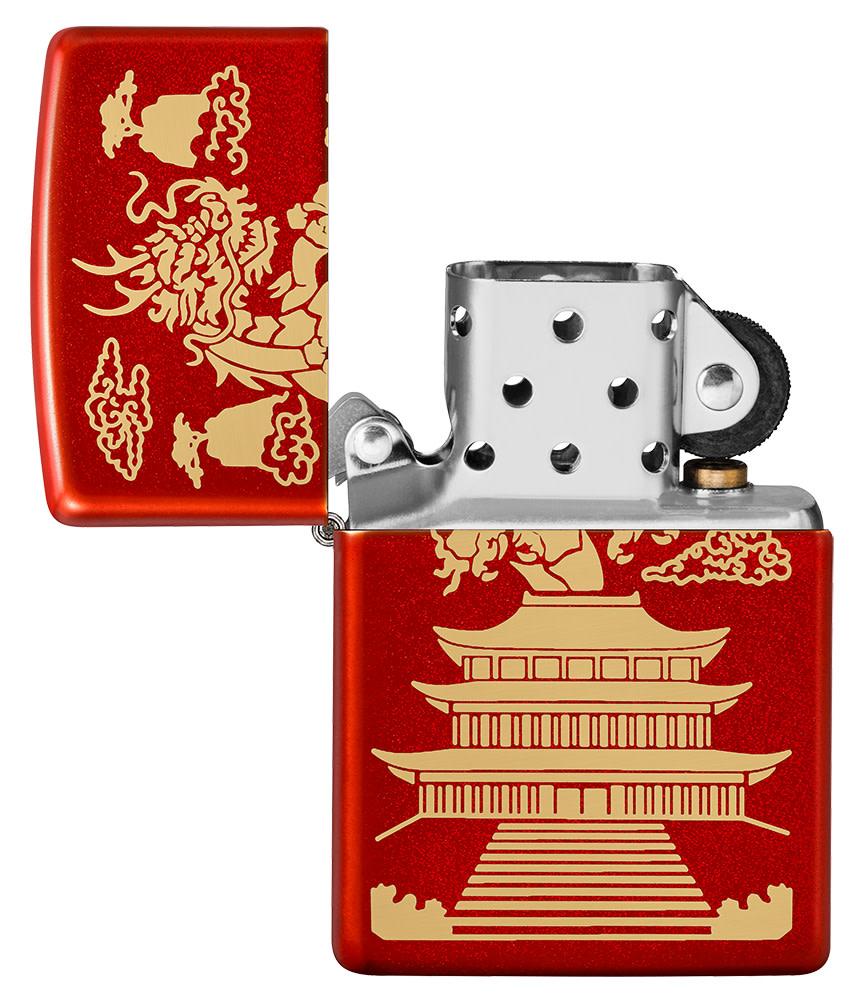 Eastern Design Dragon Design Metallic Red Windproof Lighter with its lid open and unlit.