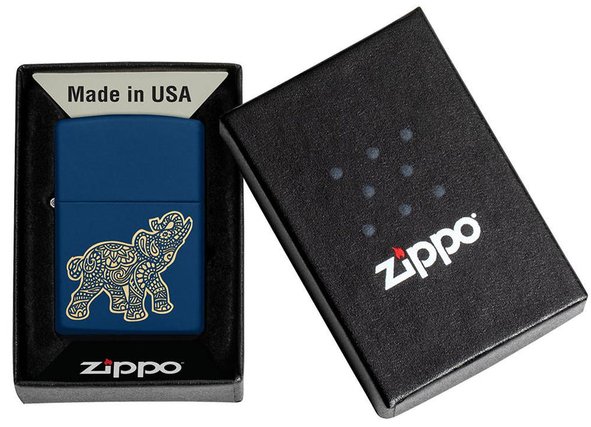 Lucky Elephant Design Navy Matte Windproof Lighter in its packaging.