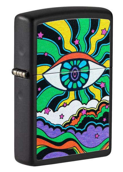 Front shot of Black Light Eye Design Black Matte Windproof Lighter standing at a 3/4 angle.