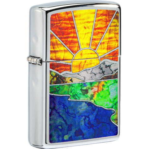 Front shot of Zippo Sunset Design High Polish Chrome Windproof Pocket Lighter standing at a 3/4 angle.