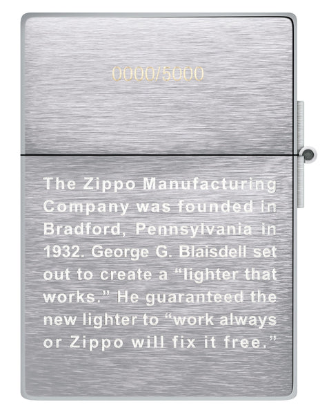 Back shot of Zippo 2022 Founder's Day Collectible Windproof Lighter.