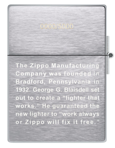 Back shot of Zippo 2022 Founder's Day Collectible Windproof Lighter.