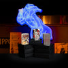 Lifestyle image of Typographic Flame Art Black Ice Windproof Lighter standing on lighter boxes with a Windy neon sign and posters in the background