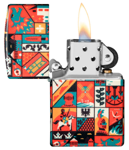 Zippo Old Ages Design 540 Matte Windproof Lighter with its lid open and lit.