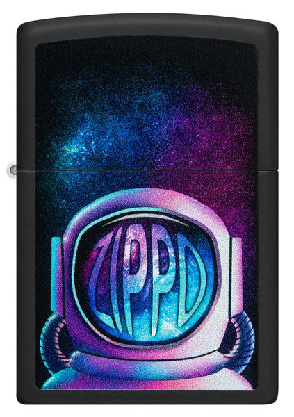 Front shot of Zippo Astronaut Design Black Matte Windproof Lighter.