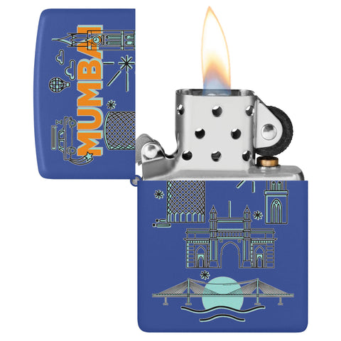 Mumbai Design Windproof Lighter with its lid open and lit.
