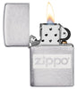 Brushed Chrome Zippo logo windproof lighter with its lid open and lit