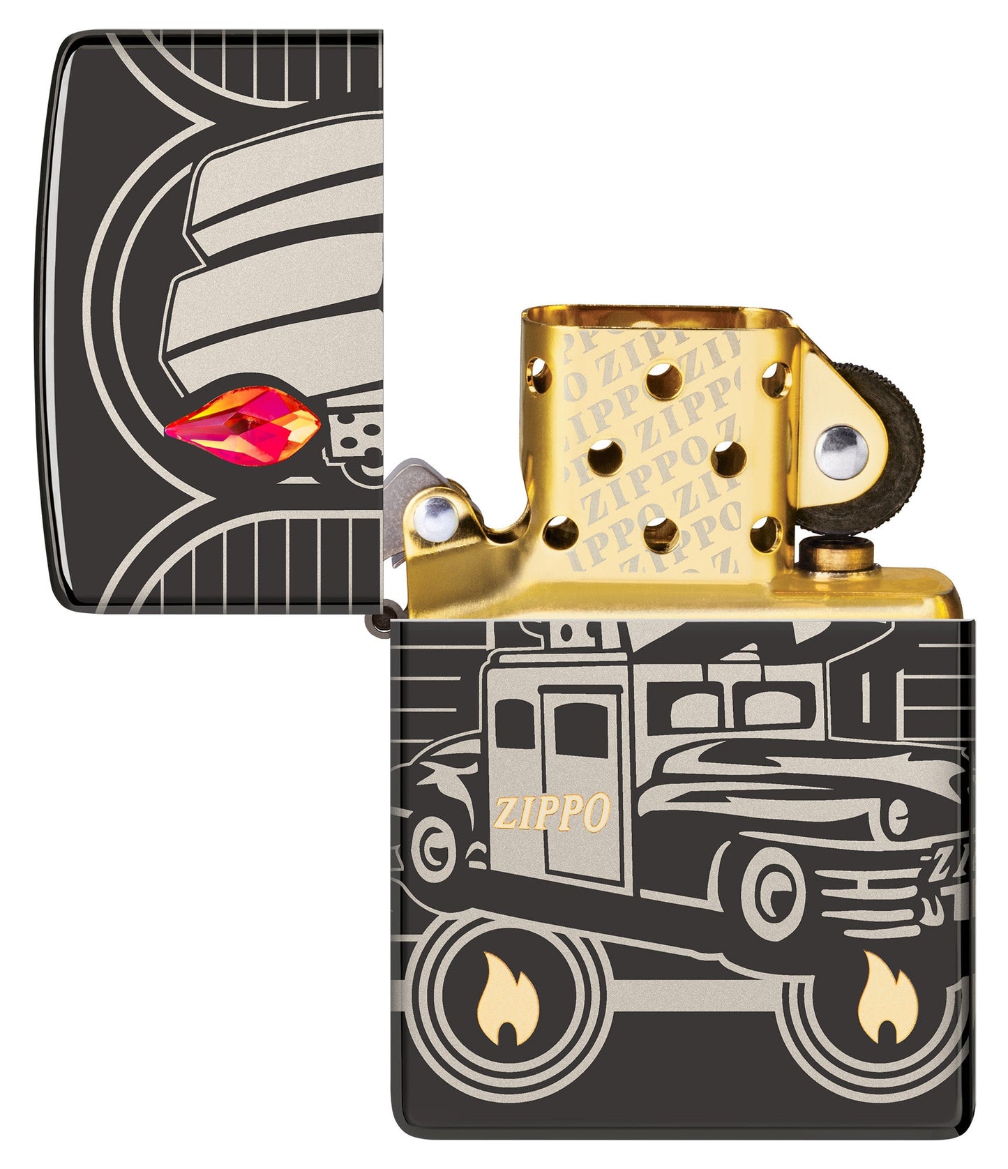 Zippo Car 75th Anniversary Collectible Armor High Polish Black Windproof Lighter lit in hand.