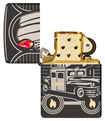 Zippo Car 75th Anniversary Collectible Armor High Polish Black Windproof Lighter lit in hand.