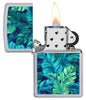 Botanical Leaves Design Windproof Pocket Lighter with its lid open and lit.