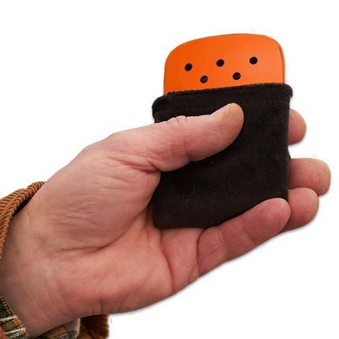 12-Hour Blaze Orange Refillable Hand Warmer in pouch in hand