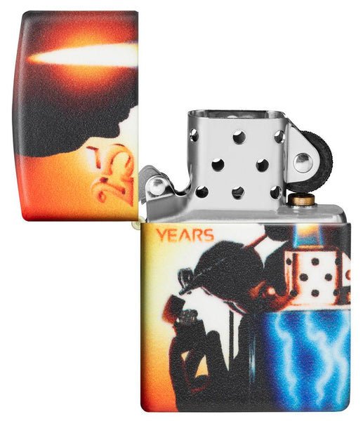 Mazzi® 25th Anniversary 540 Color Windproof Lighter with its lid open and unlit.