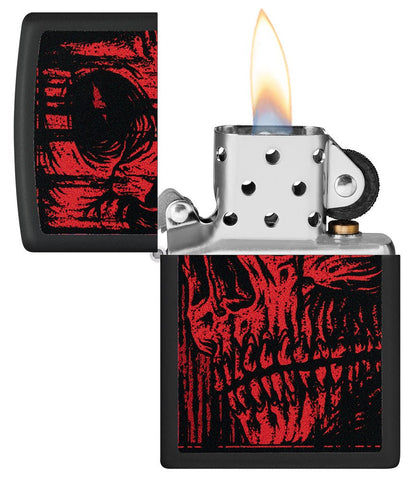 Red Skull Design Black Matte Windproof Lighter with its lid open and lit.