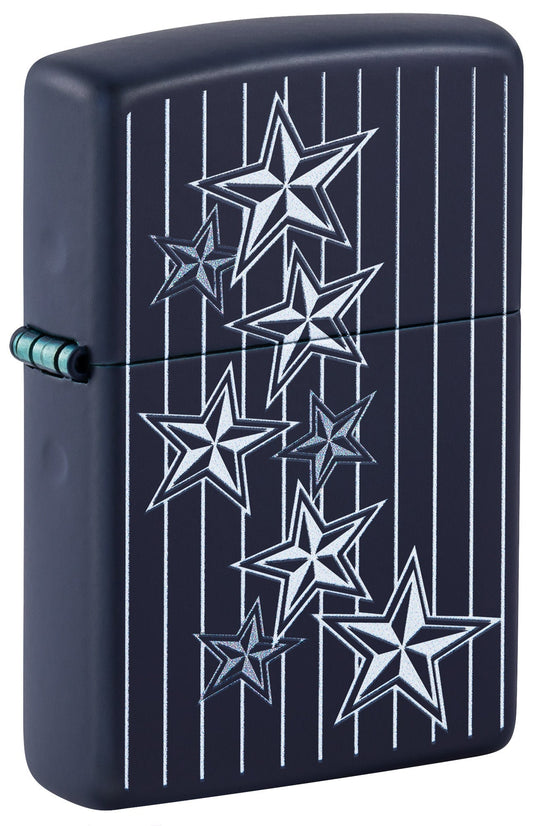 Front shot of Americana Star Design Navy Matte Windproof Lighter standing at a 3/4 angle