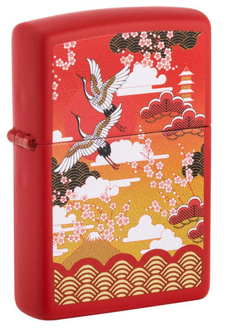 Front shot of Kimono Design Red Matte Windproof Lighter standing at a 3/4 angle