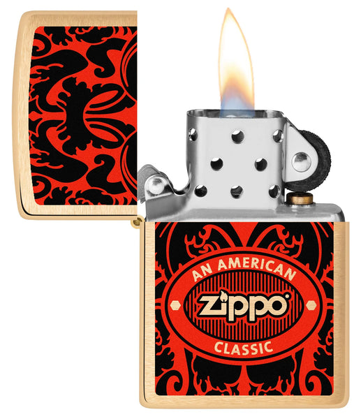 Zippo American Classic Windproof Lighter with its lid open and lit.