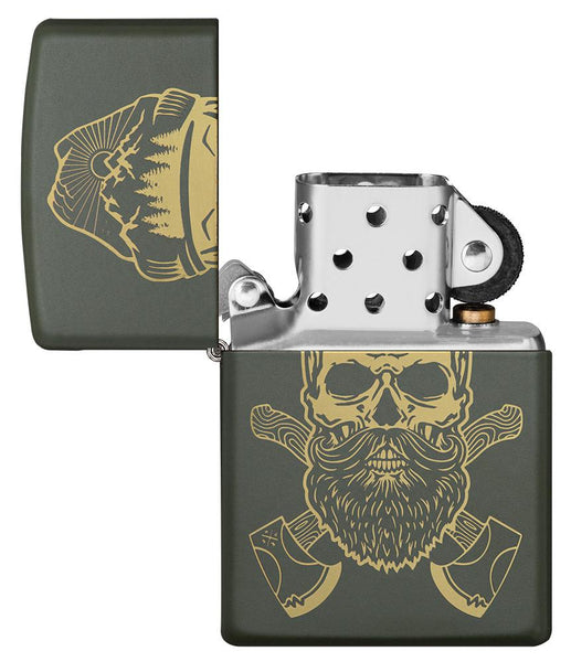 Outdoor Skull Design Green Matte Windproof Lighter with its lid open and unlit