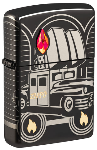 Front shot of Zippo Car 75th Anniversary Collectible Armor High Polish Black Windproof Lighter standing at a 3/4 angle.