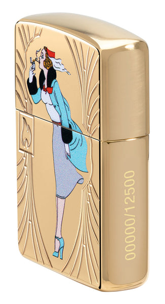 Zippo Windy 85th Anniversary Collectible Armor High Polish Brass Windproof Lighter standing at an angle, showing  the front and the consecutive numbering on the right side of the lighter.