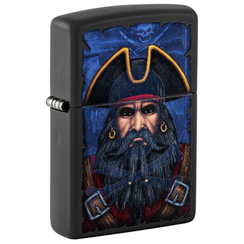 Front shot of Pirate Blacklight Design Windproof Lighter standing at a 3/4 angle.